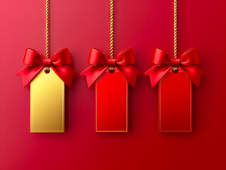 Three red gift tags with bows hanging on a rope.