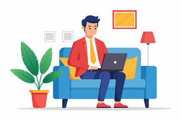 Working man using laptop on sofa. AI generated