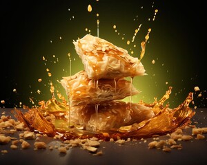 An epic stylized advertise photo of Baklava bursting energetically , set against a white background The scene Illuminated by dramatic side light, the scene features long shadows and textured movement,