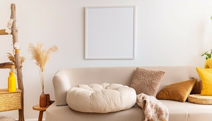 Frame mockup, Scandinavian style home interior with cozy sofa, wall poster frame design, 3D render