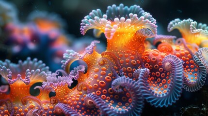 The image shows a close-up of a colorful sea anemone. The anemone is orange, pink, and purple, with long, flowing tentacles. It is surrounded by water and other sea life.