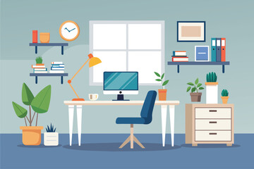 A serene home office with lush green plants and a sleek desk, AI generated