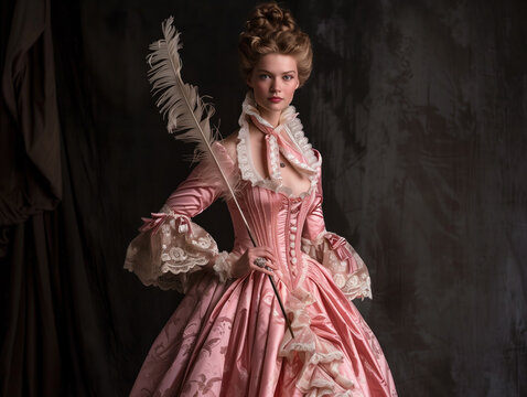 A female model wears a luxurious pink gown inspired by French baroque nobility. Holding a feather quill against a dark backdrop, she creates a striking silhouette.
