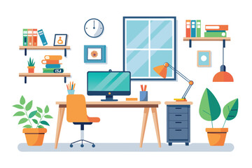 A serene home office with lush green plants and a sleek desk, AI generated