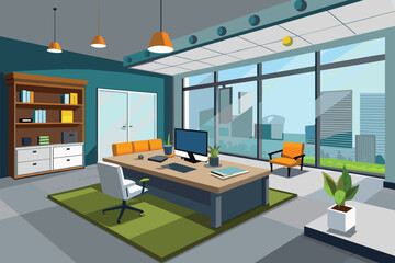 A simple and elegant office room featuring a desk and chair for work or study, elegant office interior, Modern office workspace with desk and plants 