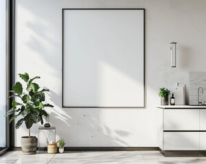 Modern home kitchen with a single large blank poster in a sleek black frame spotlighted on an eggshell white wall for a clean and stylish mockup