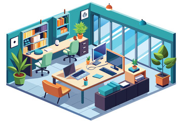 Isometric view of a stylish office setup. AI generated