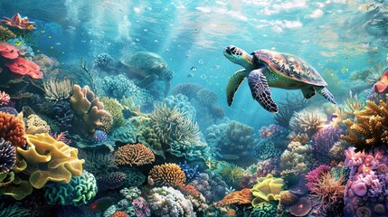 Underwater world. Turtle. corals. beach. Generative Ai