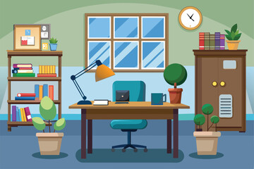 Workspace with computer, desk, and potted plants, AI generated