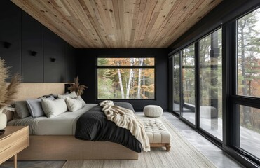 Sleek and minimalist bedroom with black walls, light grey carpet flooring