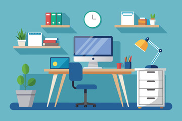 A simple and elegant office room featuring a desk and chair for work or study, elegant office interior, Modern office workspace with desk and plants 