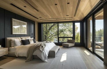 Sleek and minimalist bedroom with black walls, light grey carpet flooring