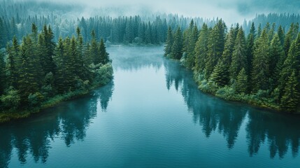 Serene Aerial View of a Misty Coniferous Forest and Calm River Captured by Drone