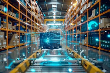 Fototapeta premium A large warehouse filled with shelves stocked with items in an organized manner. Generative AI