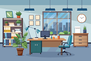 A simple and elegant office room featuring a desk and chair for work or study, elegant office interior, Modern office workspace with desk and plants A generated