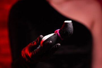 Vibrator in the shape of a penguin. A vacuum-wave clitoral stimulator in the hand of a girl in...