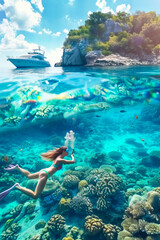 Tropical Island Snorkeling Adventure with Nearby Yacht
