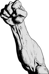 Black and white illustration of a muscular arm with clenched fist, showcasing detailed veins and strength. The bold, expressive drawing symbolizes power, resilience, and determination.
