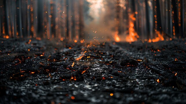 A close-up photo of a recently extinguished forest fire. Focus on Fire Retardant Chemical substances, such as ammonium phosphate-based retardants