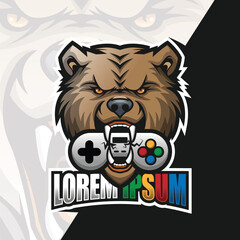 Bear gamer logo design, Grizzly bear head with controller game station on mouth, gamer identity