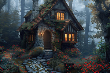 Fototapeta premium Charming stone cottage with glowing windows nestled in a misty, forested landscape with lush foliage and flowers