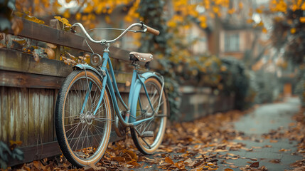 Fototapeta premium A close-up shot capturing the whimsical details of a vintage bicycle leaning against the weathered wooden fence of a country house, ready to whisk guests away on scenic rides throu
