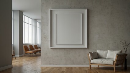 mockup frame poster. Blank frame hanging on the wall with Modern interior Room design in 3D render. illustration generative ai