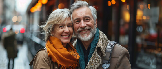 Obraz premium A smiling, mature couple exudes warmth and joy, posing together in a romantic moment full of flirtatiousness and flirtation. Their looks are full of affection and their smiles show deep adoration.