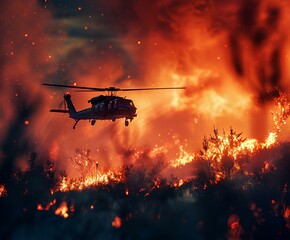 A close-up photo of a recently extinguished forest fire. Focus on Firefighting Aircraft Helicopters and airplanes equipped with water tanks or fire retardant systems are used to drop water or fire