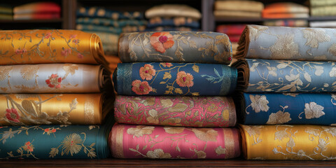 Pile of Asian Cotton Fabrics with Floral Patterns and Embroideries - Colorful Textile Display