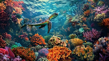 Underwater world. Turtle. corals. beach. Generative Ai