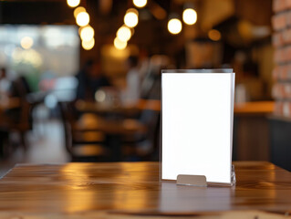 Design a mock-up label for the bar restaurant menu frame. Choose a booklet or acrylic tent card with a blurred mountain background. Personalize with text and images to fit your style.