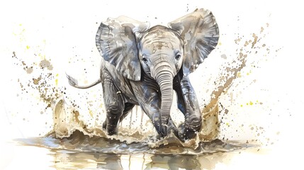 Fototapeta premium Chubby Baby Elephant Splashing in Watercolor Watering Hole with Jiggling Wrinkled Skin