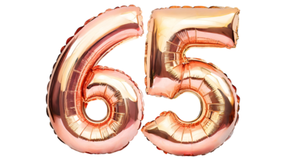 Balloon number sixty five made of rose gold color