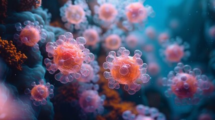 The image shows a group of glowing jellyfish in the ocean