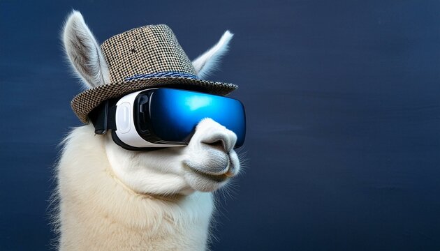 Ein Lama mit Hut tr&auml;gt eine Virtual Reality Brille, blauer Hintergrund, Digitalisierung, Technik der Zukunft, witzig