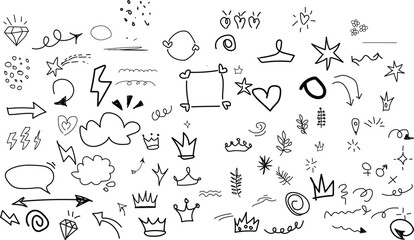Hand Drawn Design Elements , star, heart shape. Hand drawn doodle sketch style circle, cloud speech bubble grunge element set. Arrow, star, heart brush decoration. Hand drawn scribble element set.