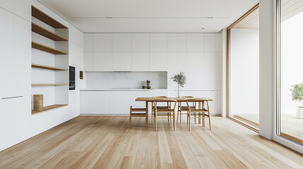 Modern Minimalist Kitchen Interior, White Cabinets, Wood Floors, Open Storage Cabinet and Dining Table, Large Windows