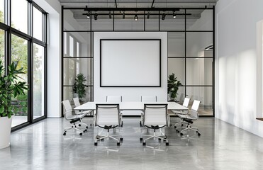 White and black conference room with glass doors, large windows on the left side of the door