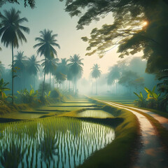 
A road with trees and rice fields