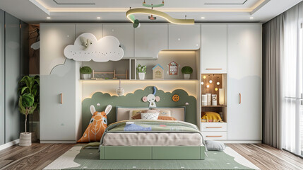 Interior Design of Kids Room with Soft Green Color