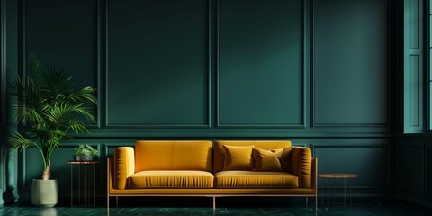 nterior, Dark Green Wall Panel with Yellow Sofa and Coffee Table, Cozy Living Room with Yellow Sofa, Green Wall, and Large Plant