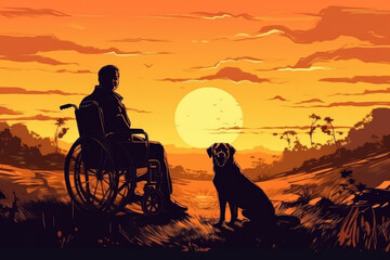 A man in a wheelchair is accompanied by a dog as they watch the sunset together