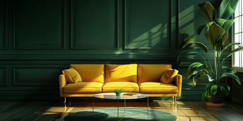 nterior, Dark Green Wall Panel with Yellow Sofa and Coffee Table, Cozy Living Room with Yellow Sofa, Green Wall, and Large Plant