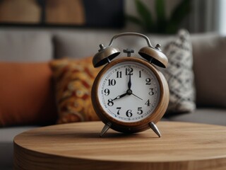 Naklejka premium Bohemian-inspired interior design for a modern living room. Close-up of an alarm clock on a round wooden side table beside a sofa.