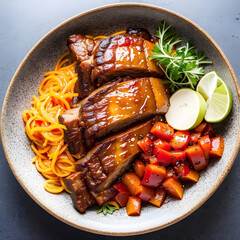 grilled pork chop with vegetables and pasta