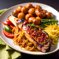 grilled pork chop with vegetables, pasta and potatoes