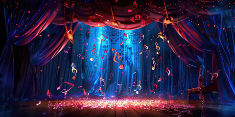 Musical Theatre Magic: Music Notes Swirling Around a Theatrical Stage Set with Props and Costumes