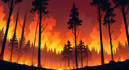 abstract Illustration of Forest fire with trees on fire with wide perspective and copy space, forest fire
