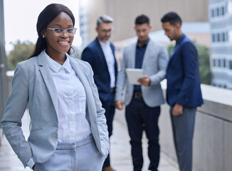 Business people, black woman and portrait outdoor in city for corporate internship in tax law for...